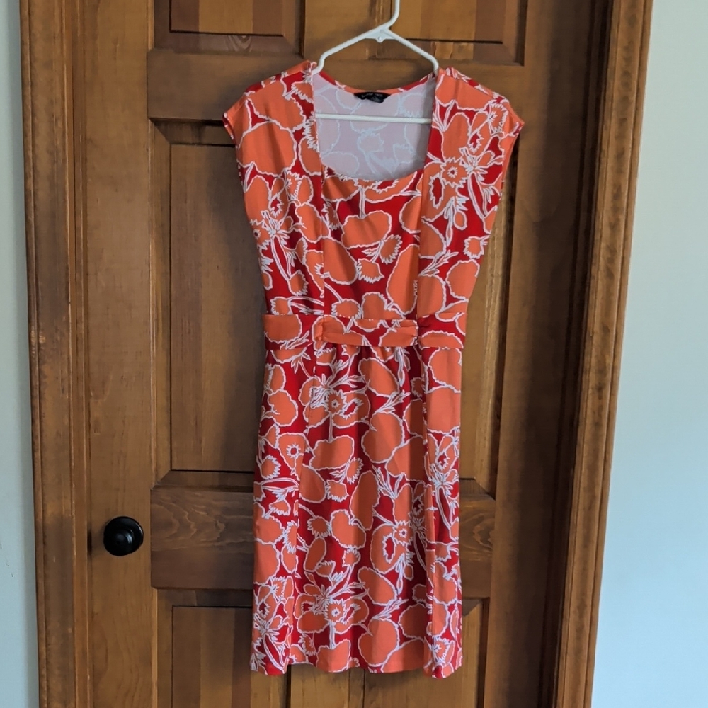Lands' End Coral and White Floral Belted Midi Dress